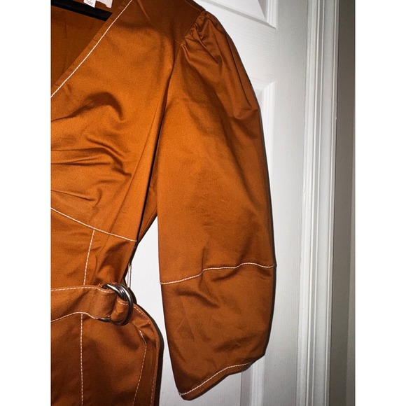 Cinq a Sept Khloe Mini Dress Ochre Brown Contrast Stitch Puff Sleeve Belted 12 - Picture 9 of 10